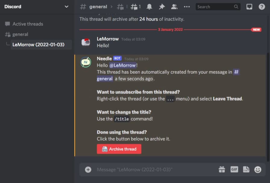 Discord screenshot showing automatic thread creation with Needle.